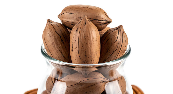 Pile of whole pecans in a glass jar, showing their textured shells and unique shape, isolated on a white background for healthy eating concepts.