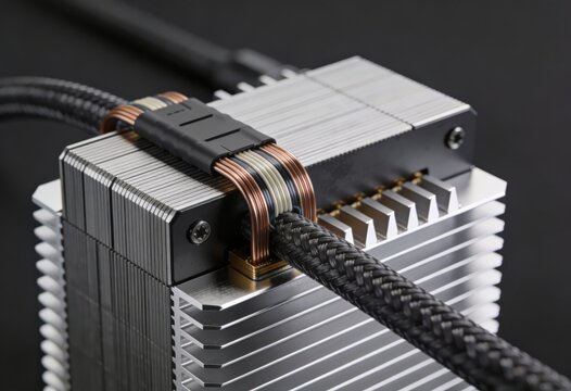 Precision engineered heat sink showcasing copper and aluminum profiles complemented by braided cables emphasizing thermal management innovation and modern aesthetics