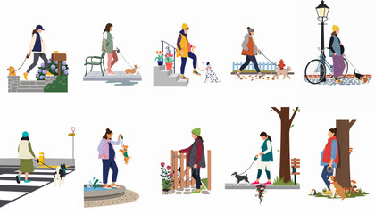 Flat Illustration Set of Pregnant Women Walking Their Dogs in Various Outdoor Settings and Urban Environments During Different Seasons © Loro