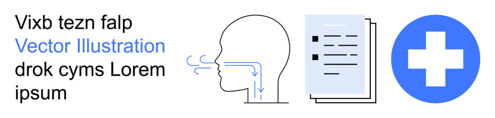 Fototapeta premium Healthcare, respiration, medical processes, patient information, human anatomy, wellness. Diagram of breathing airflow, document health cross. Healthcare and respiration concepts