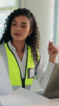 Architect, blueprint and happy woman with laptop in office, online and plan for property development. Reading, document and person with tech for architecture design, civil engineer or smile with info