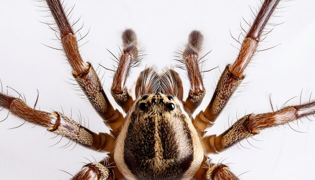 extreme close up top down view of a textured brown wolf spider hyper detailed segmented body robust legs and eight sharp eyes against a seamless white background concept of a natural