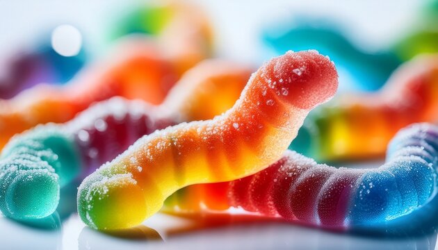 extreme macro of levitating rainbow sour gummy worms dynamic and thickly sugar coated on a stark white backdrop with bokeh concept for confectionery hyperrealism