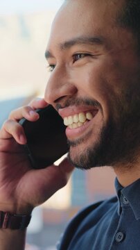 Businessman, phone call and discussion with smile for company associate with online consultation. Happy, laugh and mobile networking with conversation, communication and outdoor for urban commute