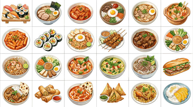 Colorful Korean food vector collection with bibimbap, kimchi, ramen, kimbap, barbecue, dumplings and street dishes for restaurant menu design