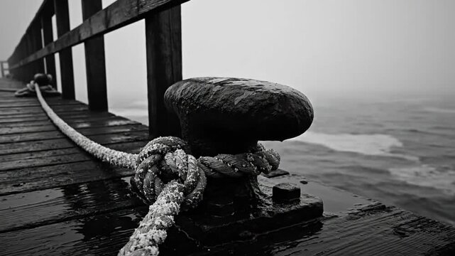 Black and white close up of a wet pier with a bollard and rope in a foggy atmospheric scene