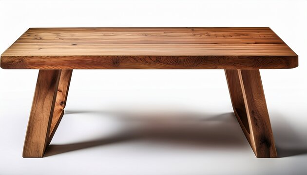 rustic light brown wooden table featuring a sturdy trestle base and highly detailed natural plank grain isolated against a transparent studio background with soft drop shadow commercial