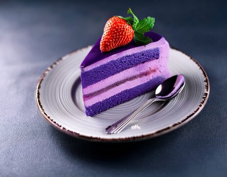 slice of purple cake with strawberries and spoon on a plate keywords cake slice dessert