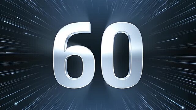 Futuristic 3D number 60 appearing with glowing energy and glitch effect against a dark blue background with fast radial light bursts.