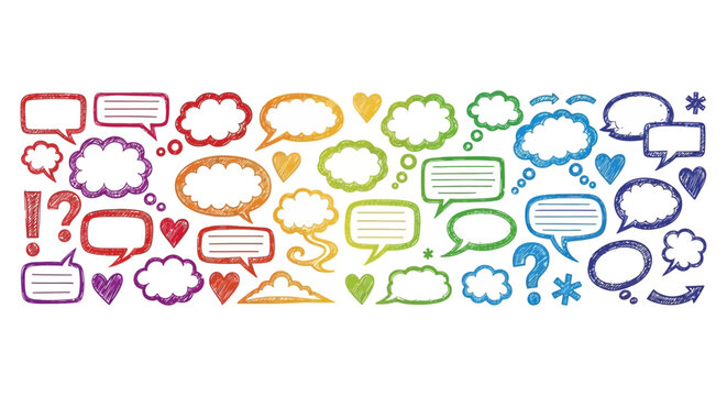 colorful hand drawn speech and thought bubbles forming a vibrant border on white perfect for communication and social media concepts