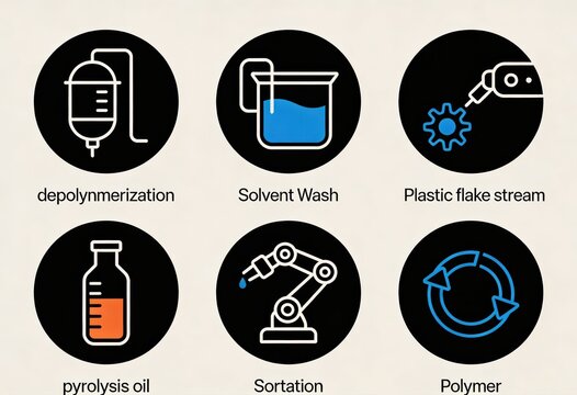 Innovative approaches in plastic recycling illustrated through depolymerization process, solvent wash techniques, robotic sortation, and sustainable management of polymer materials