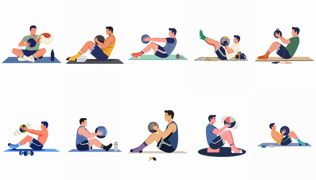 Collection of various men performing core and abdominal exercises using medicine balls in a clean flat vector illustration style.
