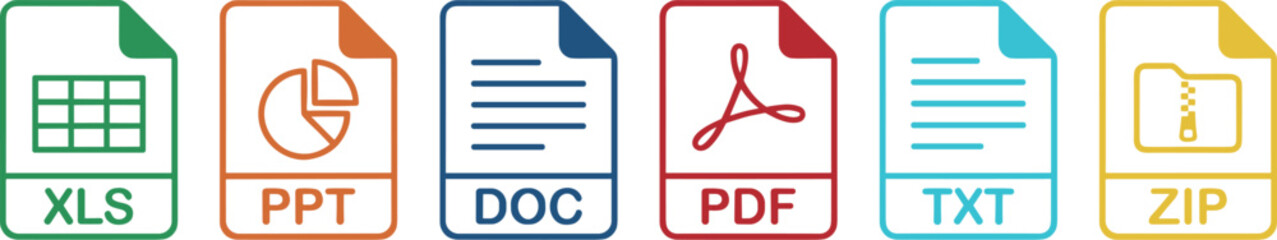 Vector file format icon collection, common document extension signs for business and web development, office file type symbols set on transparent background © Надія Кускова