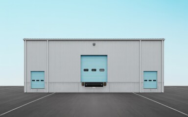 Naklejka premium A large gray warehouse with three light blue loading docks and two side doors on an asphalt lot