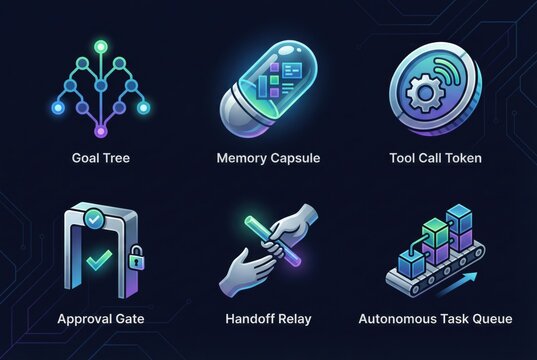 Digital transformation icons depicting goal tree memory capsule tool call token approval gate handoff relay and autonomous task queue representing innovative tech solutions