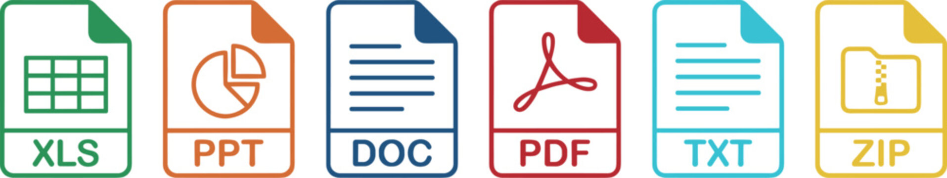 Vector file format icon collection, common document extension signs for business and web development, office file type symbols set on transparent background