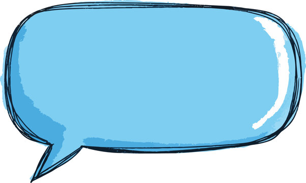 Hand-drawn bright cyan empty speech bubble with glossy highlight and sketchy outline, isolated vector, perfect for chat apps, social media posts and communication content design.