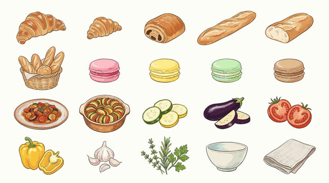 Bakery ingredient vector collection with croissants, baguette, fries, macarons, pasta, vegetables, herbs and kitchen items for cafe menu design