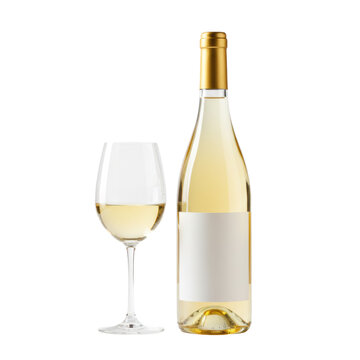 Tall white wine bottle with gold foil, blank matte label, and crystal glass with pale yellow chilled wine and condensation, on a transparent cyc background, concept for premium beverage advertising