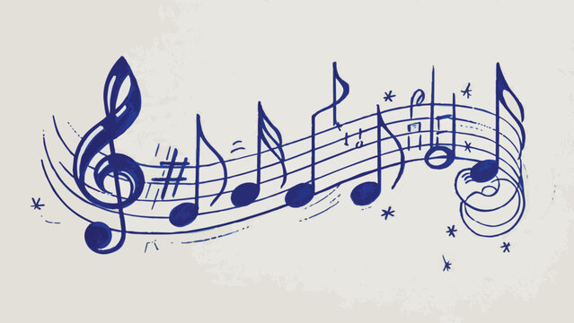 Hand-drawn vibrant blue wavy musical staff with treble clef, notation and sparkles on off-white background, perfect for concert posters, music streaming banners and creative lifestyle projects.