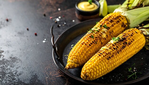 Delicious grilled corn on the cob, seasoned and ready to eat, served on a dark rustic tray with a side of creamy sauce for a perfect summer barbecue meal
