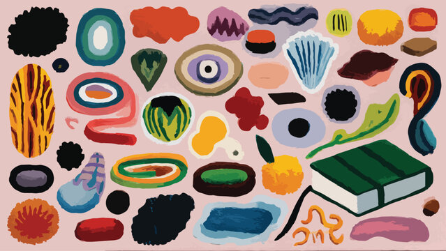 Hand-painted abstract vibrant vector collection of colorful organic shapes, evil eye motifs and book icon on light pink background, suitable for wall art, stationery design and brand packaging.