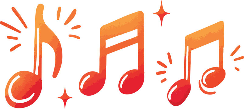 Hand-painted watercolor style orange-red gradient musical notes with sparkles and accent lines, isolated, suitable for music app branding, playlist covers and event party graphics.