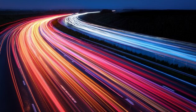 accelerated motion of car lights on a highway at night creating abstract lines