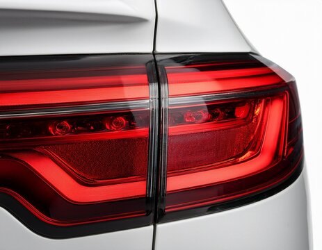 close up of modern car tail light illuminated red brake light on white vehicle isolated on white background sleek automotive design detail captured