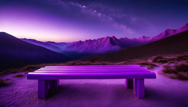 purple mountain range with a purple bench in the middle the bench is lit up with a purple light