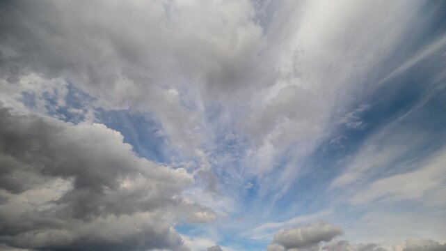 Rapid moving cloudscape scene. Intense sky scene with racing clouds and approaching storm. Cinematic depiction of swiftmoving clouds and imminent storm in dramatic sky