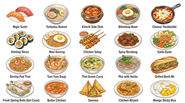 Cute Korean cuisine vector collection with sushi, ramen, kimchi, bibimbap, tteokbokki, soups and street food dishes for restaurant menu design