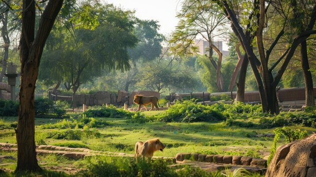 Lions in a park, sunlit glade
