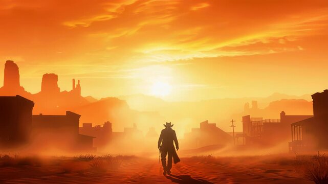 Lone Ranger's Western Walk: A lone figure, silhouetted against a fiery sunset, strides through a dusty Western town, evoking the spirit of adventure and the vastness of the American frontier.