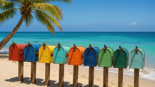 Colorful Mailboxes by the Sea: A row of vibrant mailboxes stands proudly on a sandy beach, framing a stunning view of the tranquil ocean under a clear, sunny sky.