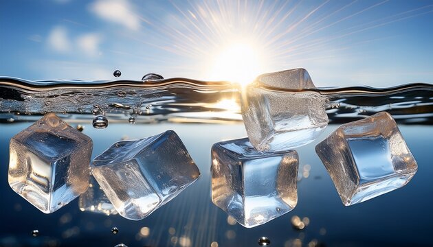 ice cubes floating in water with bright light and reflective surface