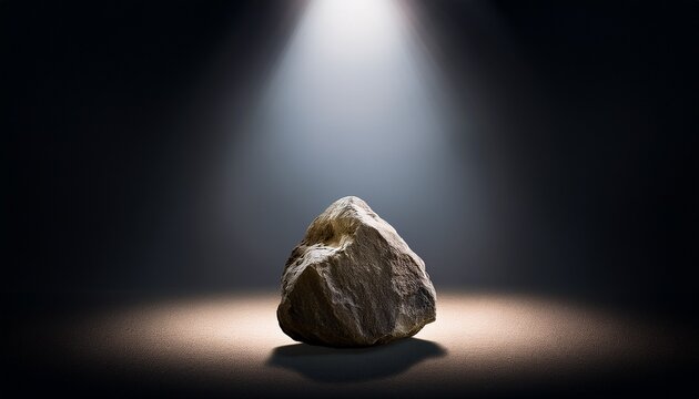 single rock illuminated by spotlight on dark background for artistic or conceptual use