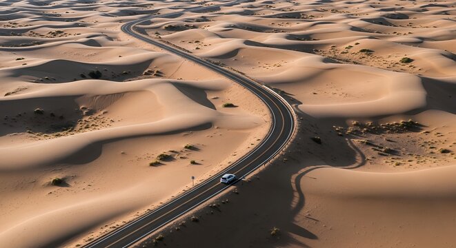 Aerial View of a White Car Driving on a Winding Road Through Golden Sand Dunes