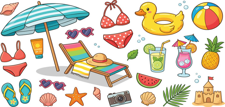 Comprehensive tropical summer beach vacation vector set with sun umbrella beach chair duck float bikini sandcastle cocktails pineapple camera and sea shells.