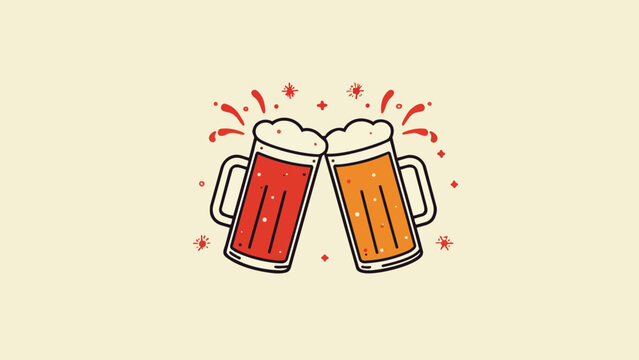 Two clinking beer mugs, one red ale and one amber lager with festive splashes in flat vector style, suitable for pub branding, party invitations and brewery promotional materials.