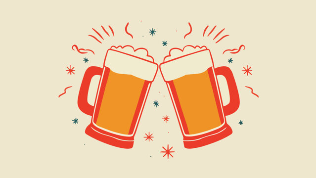 Two red beer mugs clinking together, topped with foam and surrounded by confetti sparkles, flat vector illustration, suitable for bar promotions, oktoberfest events and holiday party invitations.