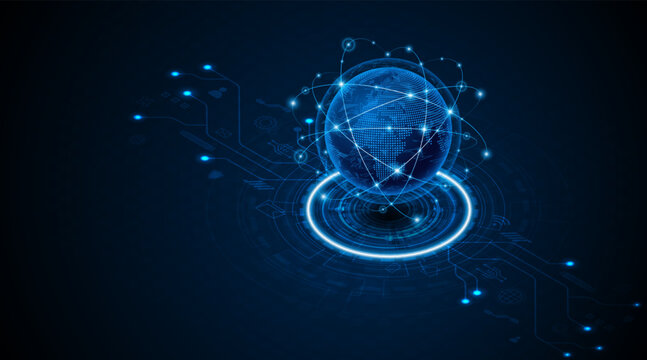 Global digital network connection with glowing blue globe and circuit board lines. High-tech futuristic communication, cloud computing, and big data transfer concept for internet infrastructure.