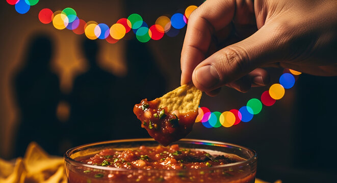 Hand dipping crunchy doritos tortilla chip into spicy red salsa