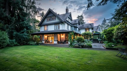Obraz premium Elegant house in a lush garden at dusk