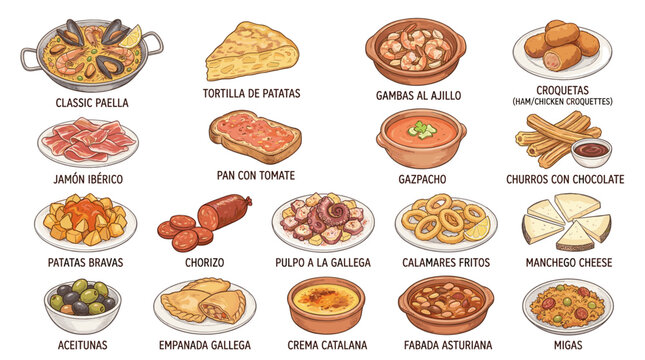 Cute Indonesian food vector collection with gado gado, rendang, satay, noodles, snacks and traditional dishes for restaurant menus and cuisine design
