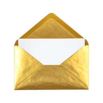 Luxurious shimmering golden envelope with an elegant blank white paper invitation or message card inside a partially open mail or greeting stationery element for festive occasions&nbsp;