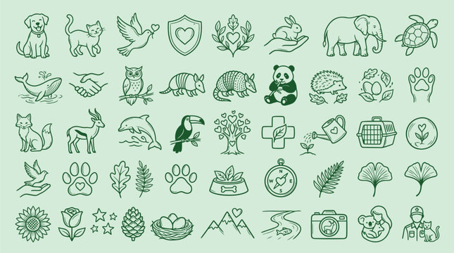 A collection of diverse nature and animal-themed icons, featuring various creatures, plants, and symbols of conservation and care.