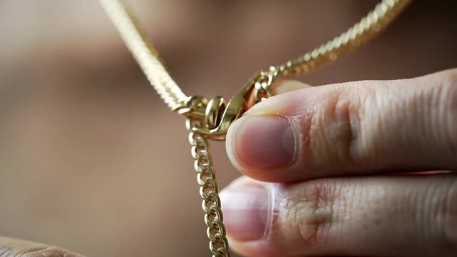 Extreme close-up of hands fastening a delicate gold chain necklace. Fingers carefully attaching the metal clasp of luxury jewelry