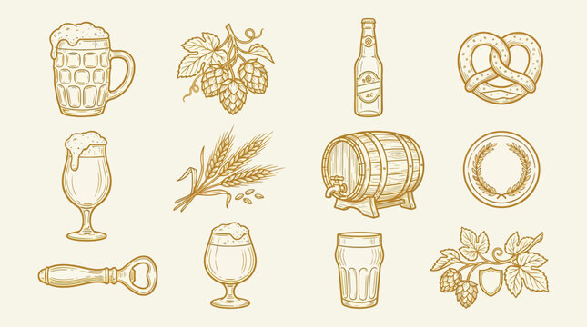 A collection of hand-drawn illustrations depicting various elements associated with beer and brewing, including mugs, glasses, hops, barley, barrels, pretzels, and bottle openers.