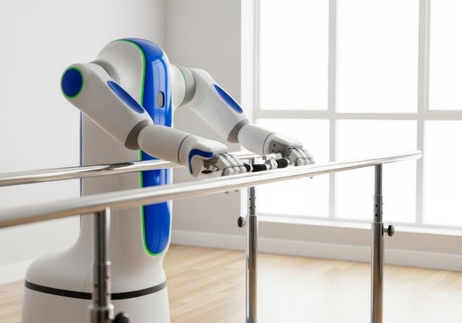 An advanced medical robot assists in a physical therapy session, moving alongside metal parallel bars in a bright, clean clinic room, parallel bars, equipment, advanced